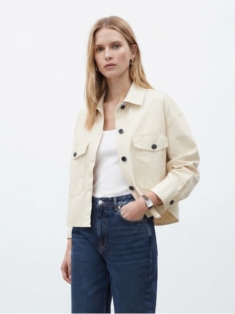 Mango Cream Cropped Utility Jacket Shacket Women’s small shirt cream